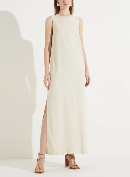 Vestido Longo Com Fenda Em Linho