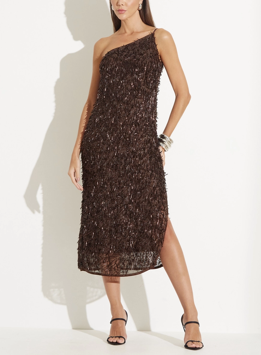 Vestido Midi Reto Uma Alça Com Aplicação E Fenda Marrom 1