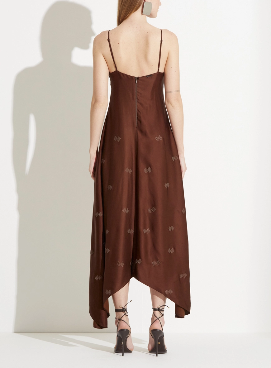 Vestido Acetinado Assimétrico Com Bordado Marrom 3