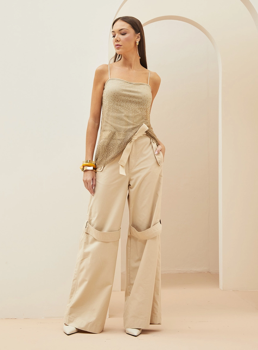 Calça Feminina Ampla Com Tiras Bege 2