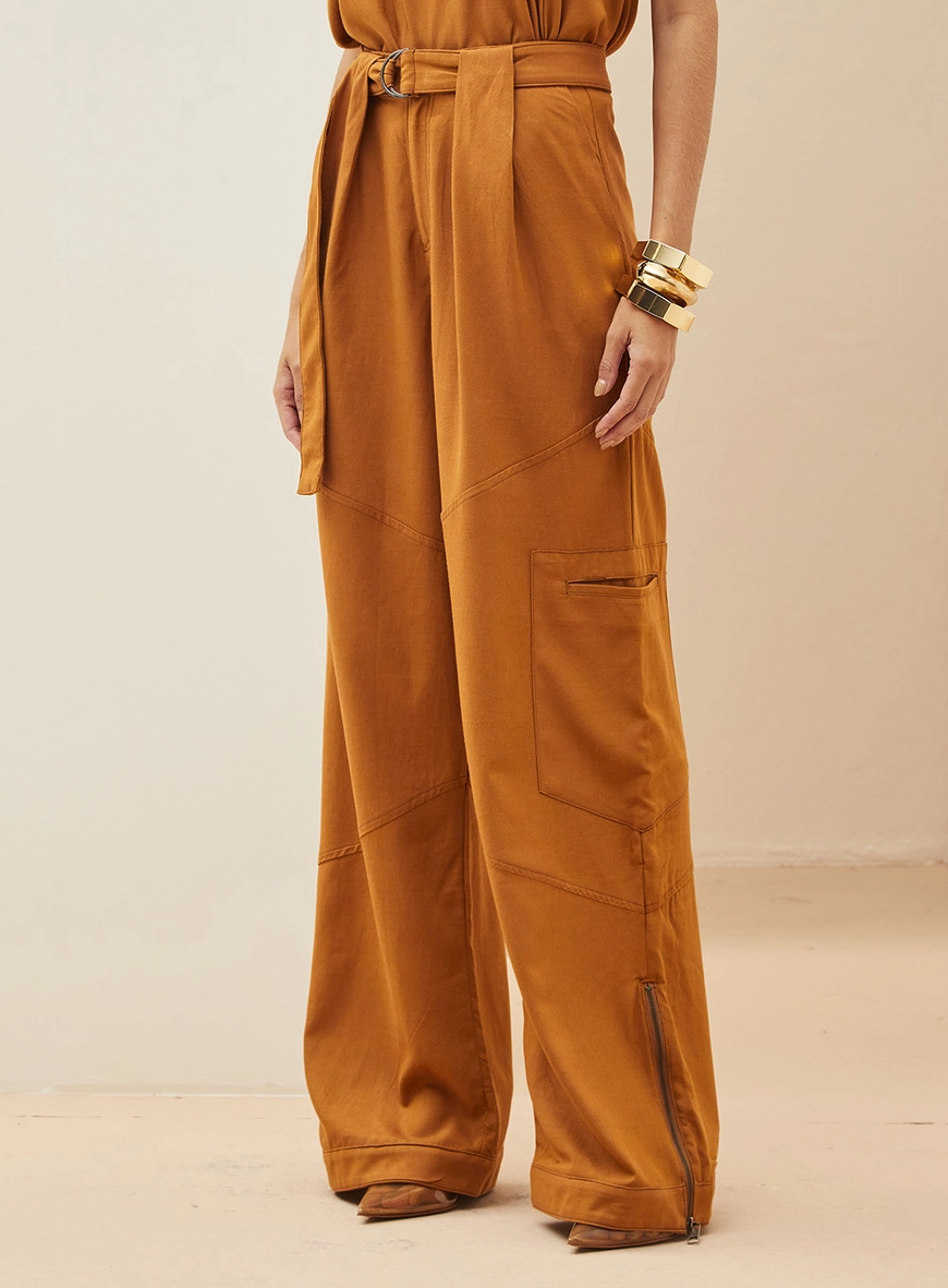 Calça Feminina Em Linho Ampla Marrom 3