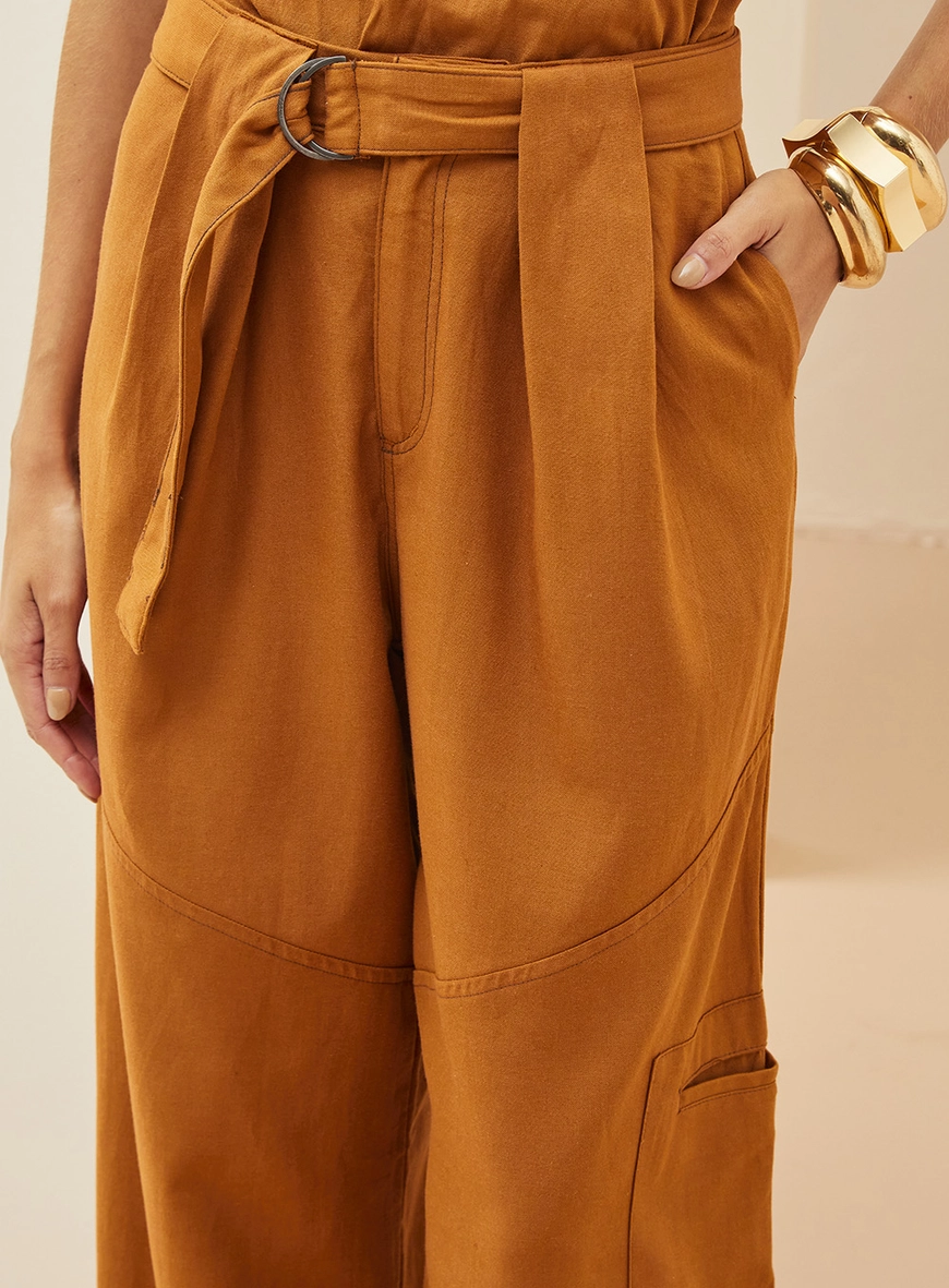 Calça Feminina Em Linho Ampla Marrom 4