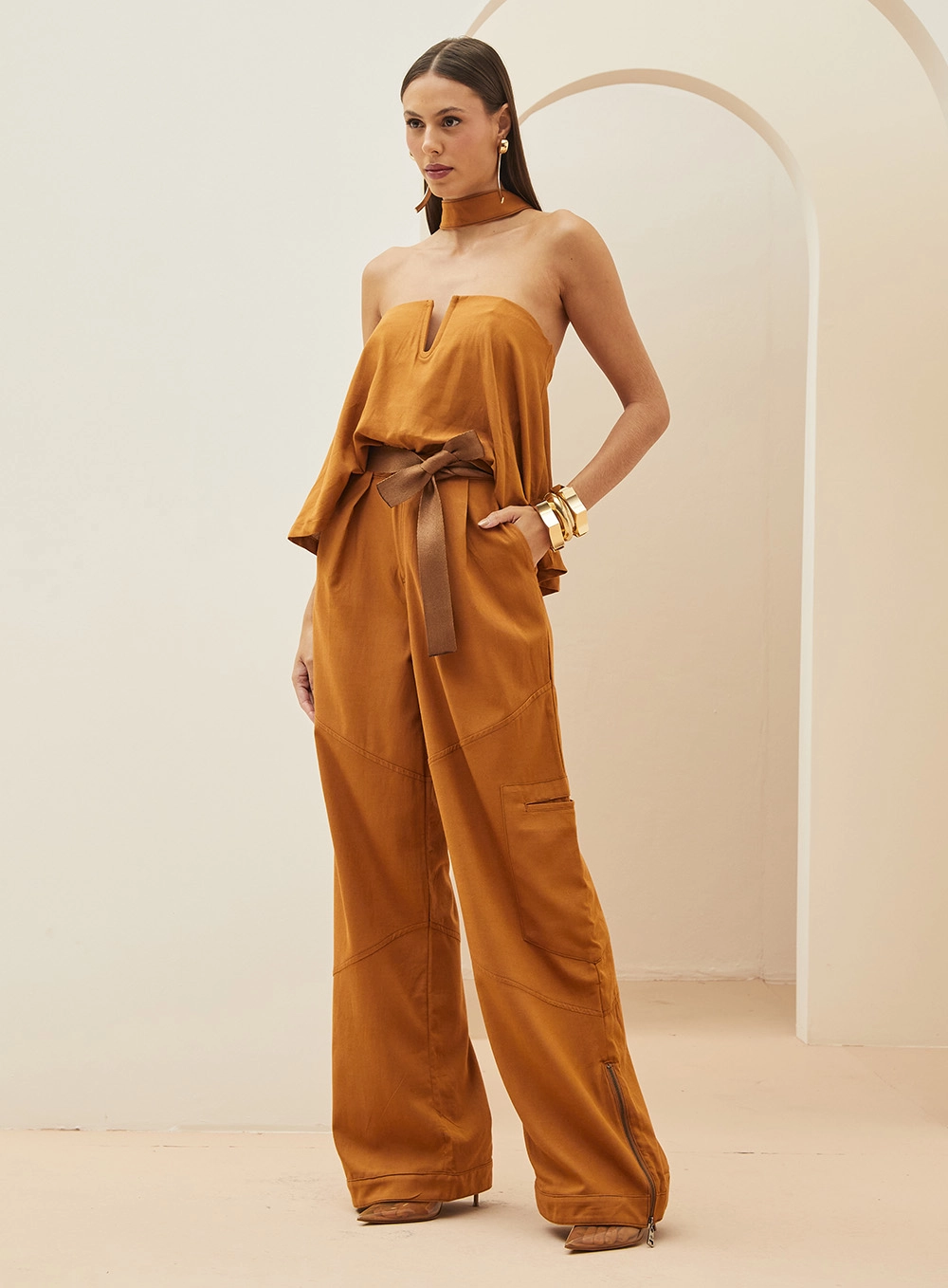 Calça Feminina Em Linho Ampla Marrom 2