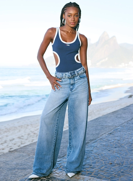 Calça Feminina Jeans Pantalona Com Cinto - Thais