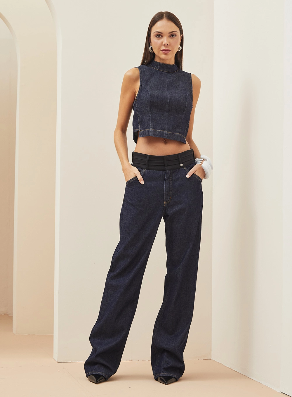 Calça Jeans Wide Leg Cós Duplo Índigo 2