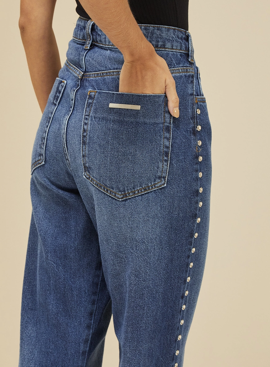 Calça Feminina Jeans Wide Leg Aplicação Lateral Índigo 3