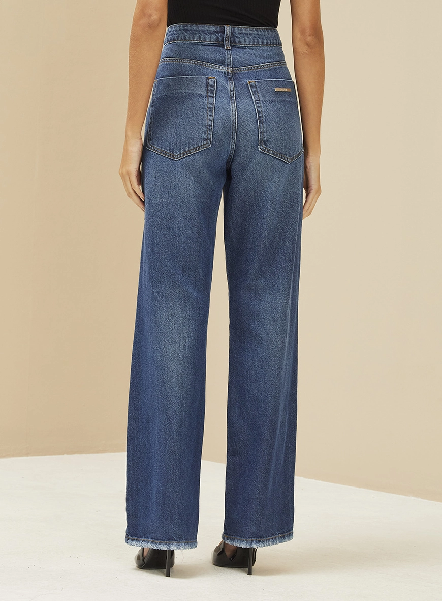 Calça Feminina Jeans Wide Leg Aplicação Lateral Índigo 4