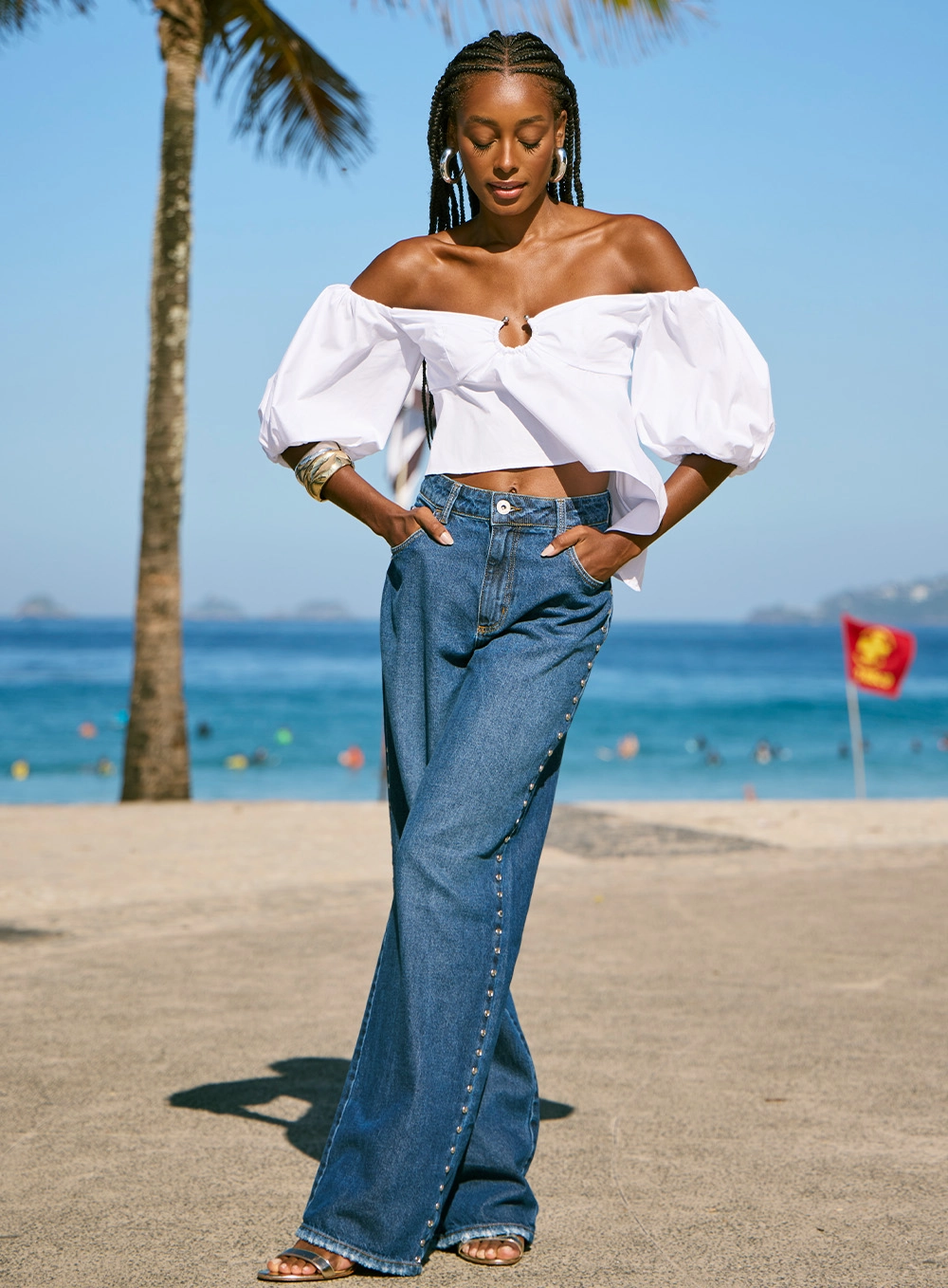 Calça Feminina Jeans Wide Leg Aplicação Lateral Índigo 1