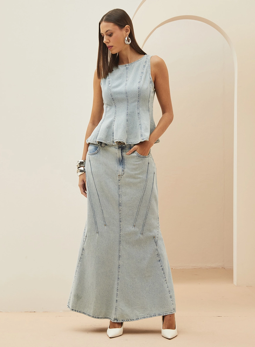 Saia Jeans Longa Evasê Índigo 4