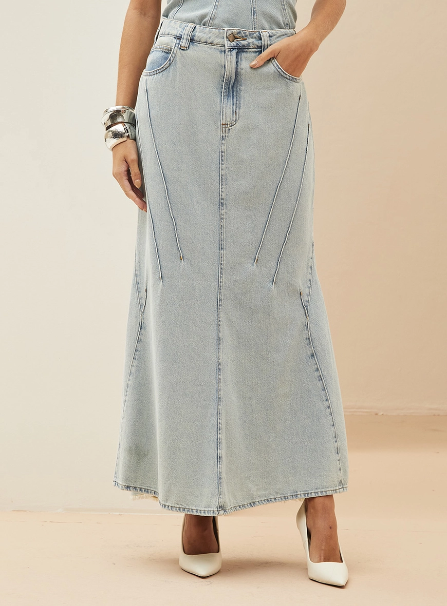 Saia Jeans Longa Evasê Índigo 9