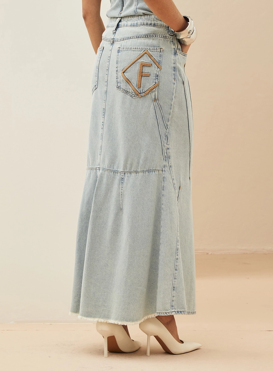 Saia Jeans Longa Evasê Índigo 14