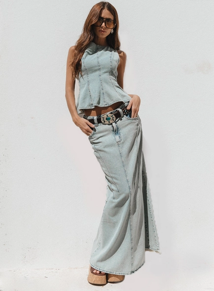 Saia Jeans Longa Evasê