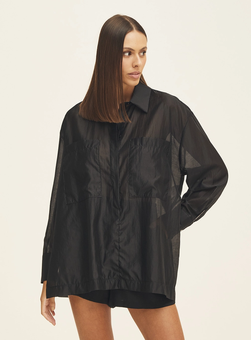 Camisa Feminina Alongada Com Transparência Preto 5