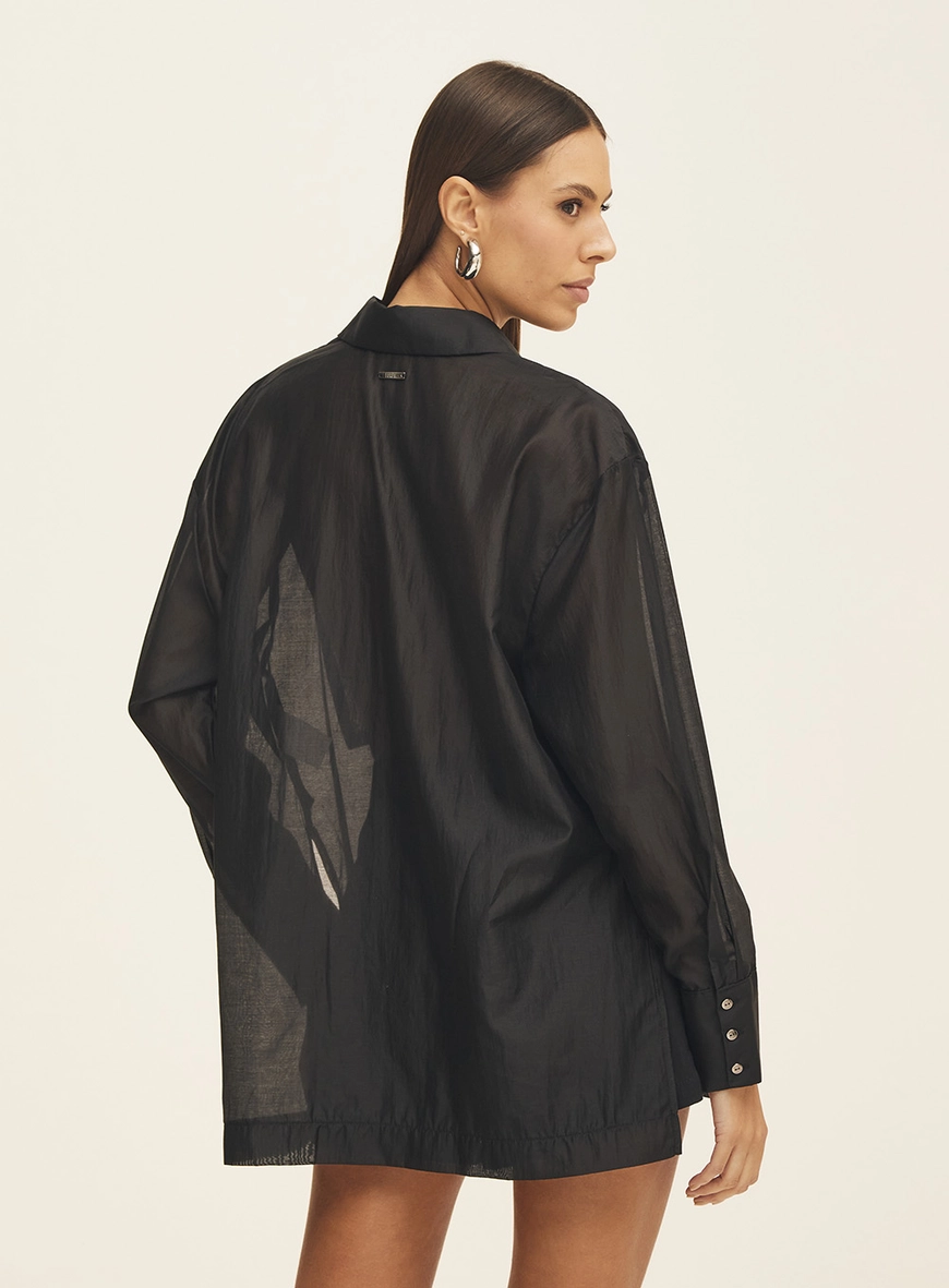 Camisa Feminina Alongada Com Transparência Preto 8