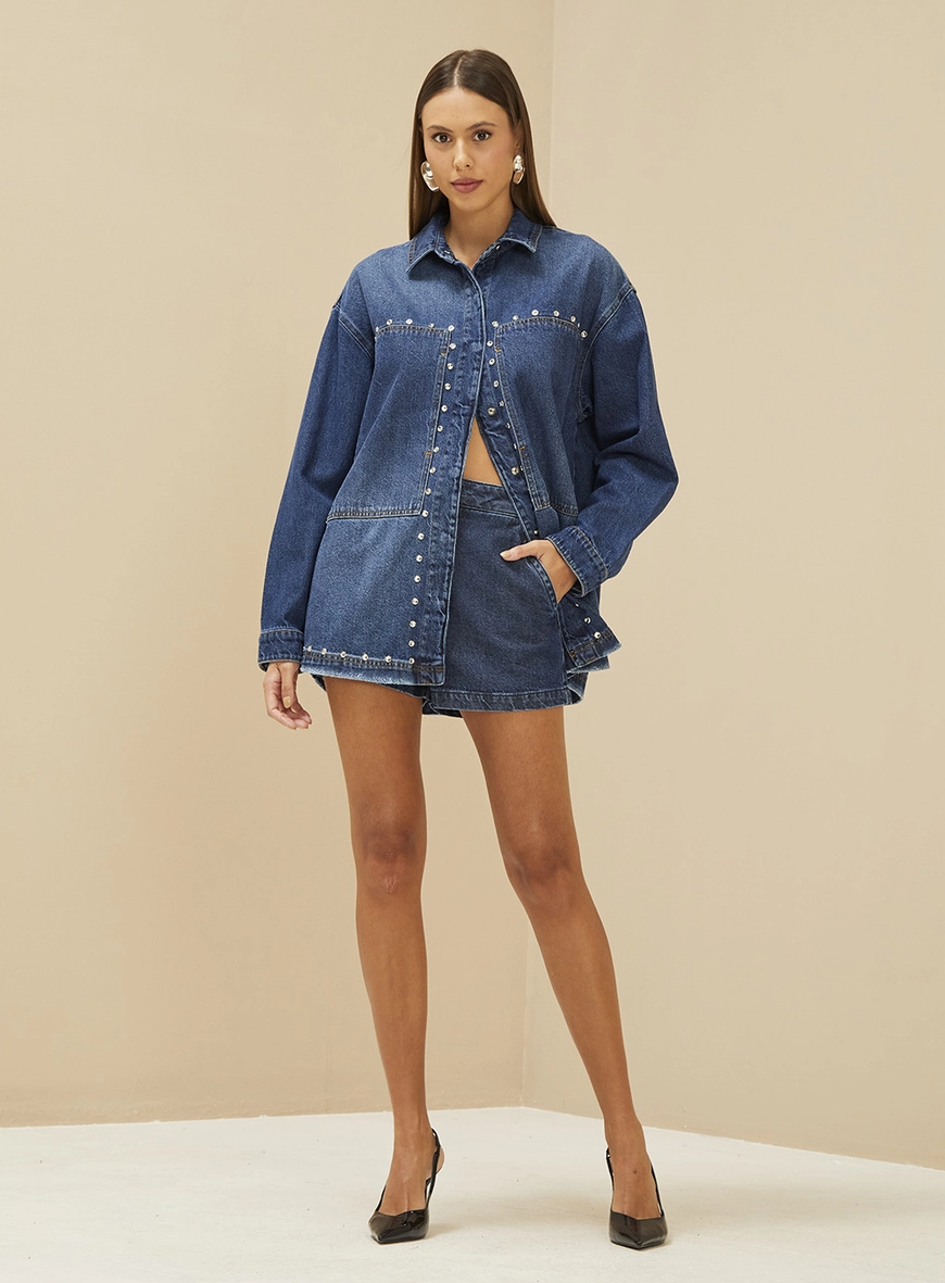 Jaqueta Feminina Jeans Com Aplicação Índigo 5