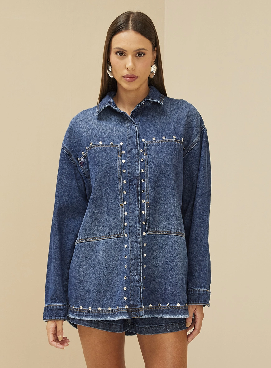 Jaqueta Feminina Jeans Com Aplicação Índigo 6