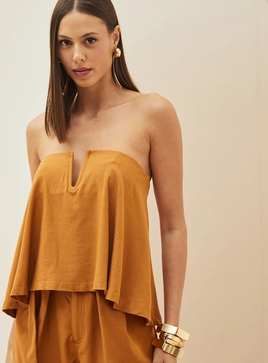 Blusa Solta Sem Mangas Em Linho Marrom 4