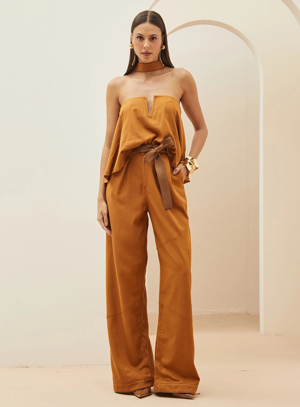 Blusa Solta Sem Mangas Em Linho Marrom 3