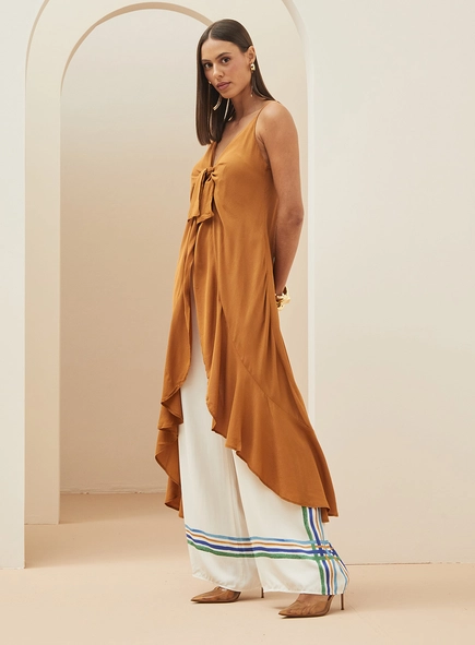 Blusa Longa Assimétrica Com Babados E Amarração