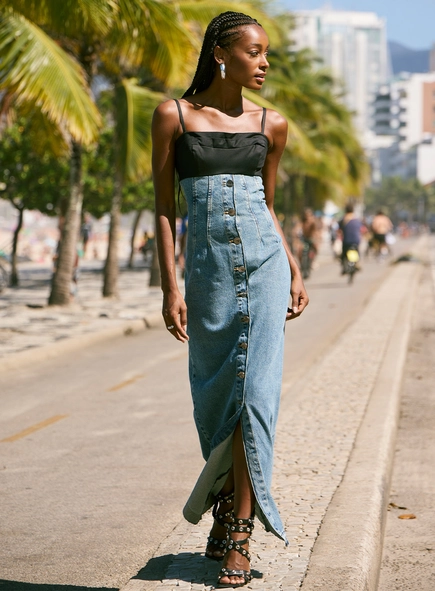 Vestido Jeans Longo Barra À Fio