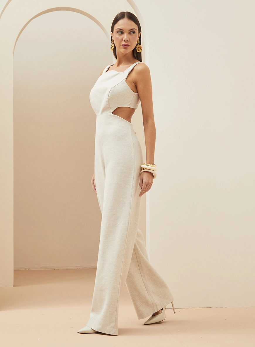 Macacão Alfaiataria Com Recortes Acinturados Bege 4