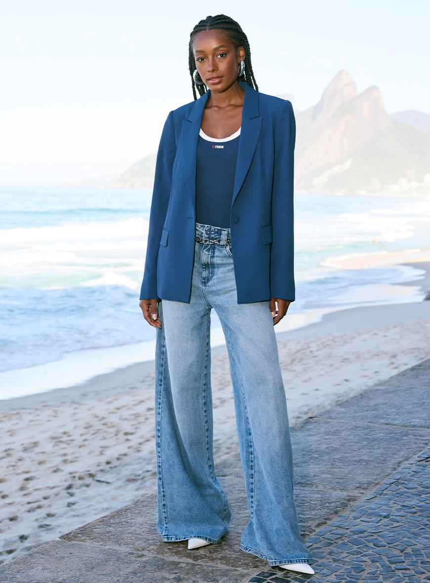 Blazer Feminino Alfaiataria Acinturado Azul 1