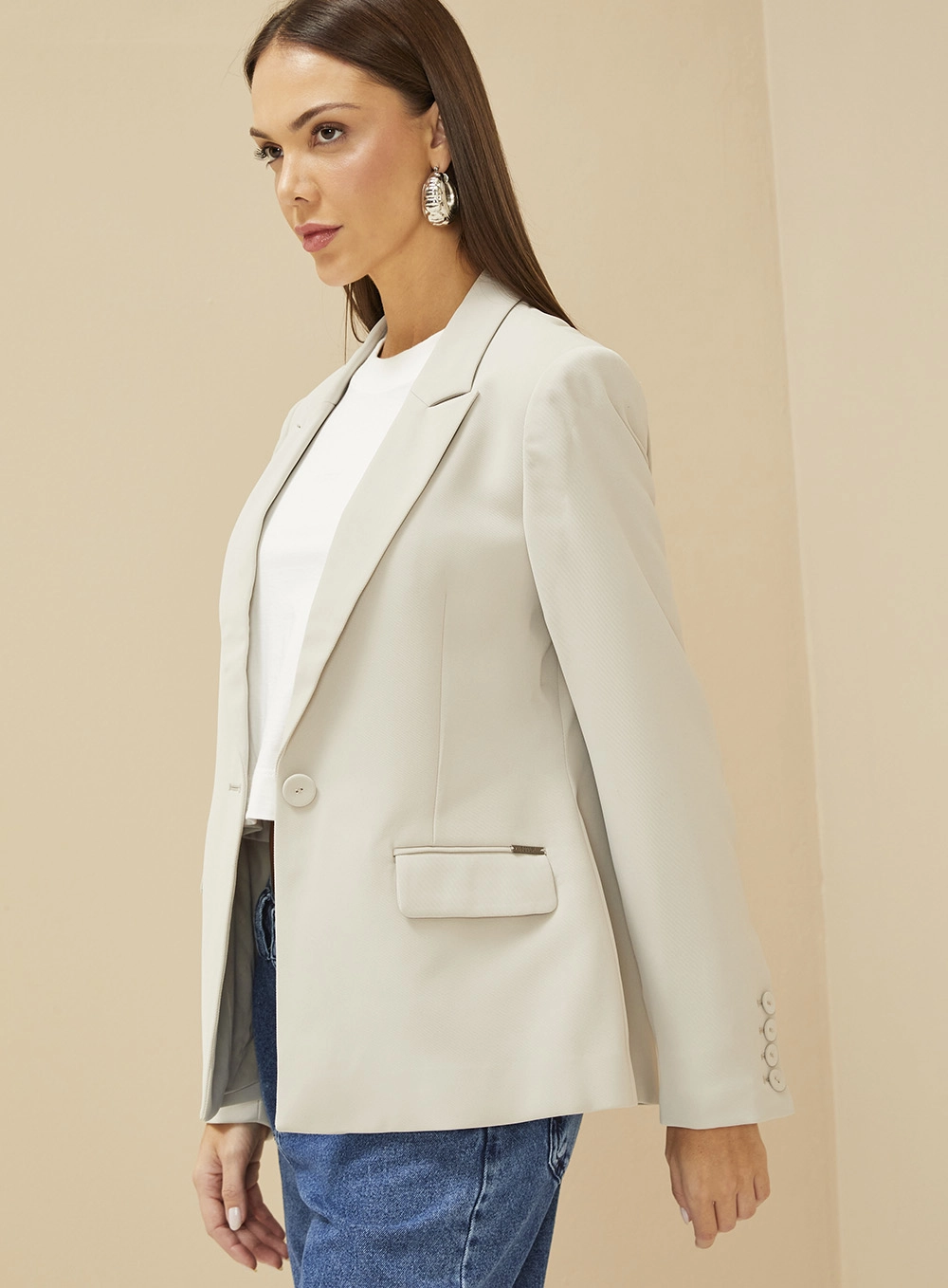 Blazer Feminino Alfaiataria Acinturado Bege Esquilo 3