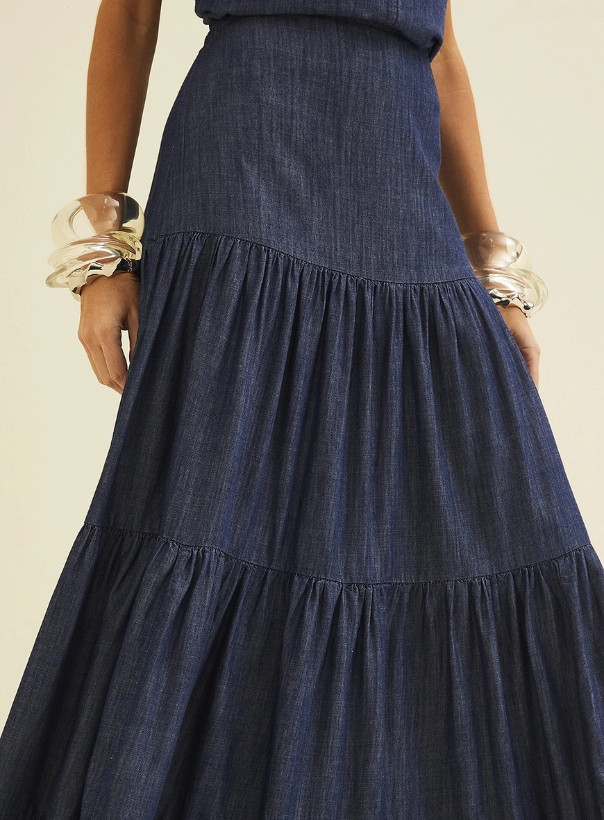 Saia Longa Jeans Com Babados Índigo 3