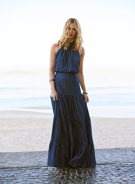 Saia Longa Jeans Com Babados