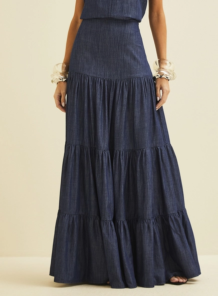 Saia Longa Jeans Com Babados