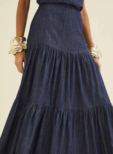 Saia Longa Jeans Com Babados