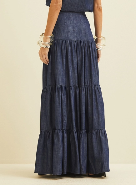 Saia Longa Jeans Com Babados