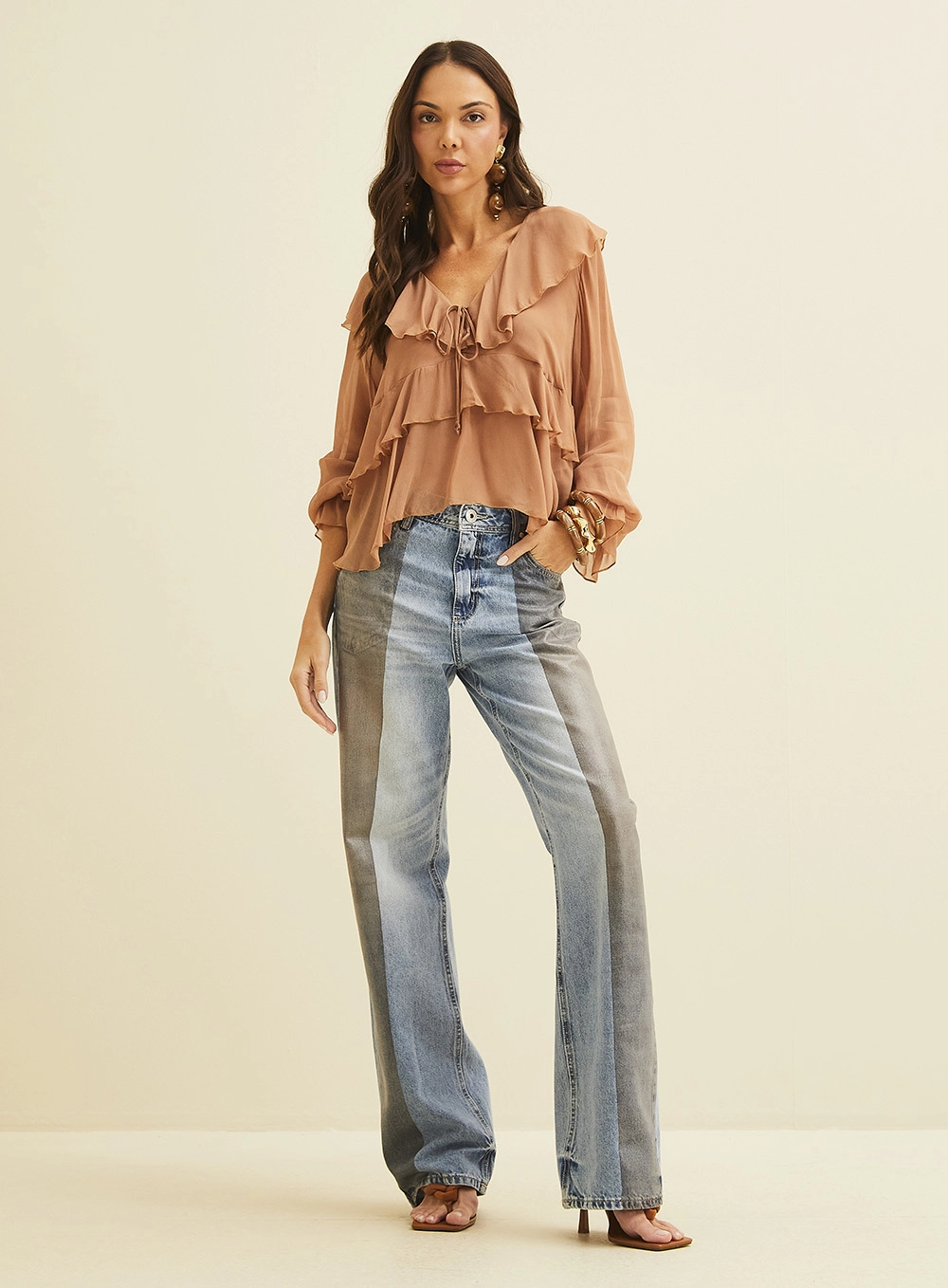 Blusa Manga Longa Com Babados Marrom 1