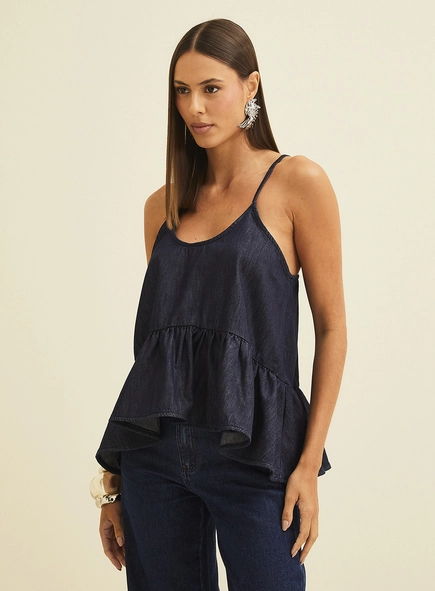 Blusa Jeans Feminina Com Babados