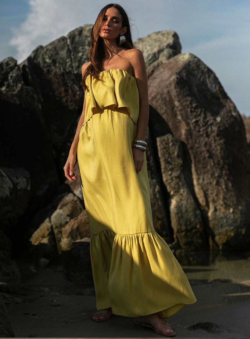 Vestido Longo Amplo Com Babados Amarelo 2