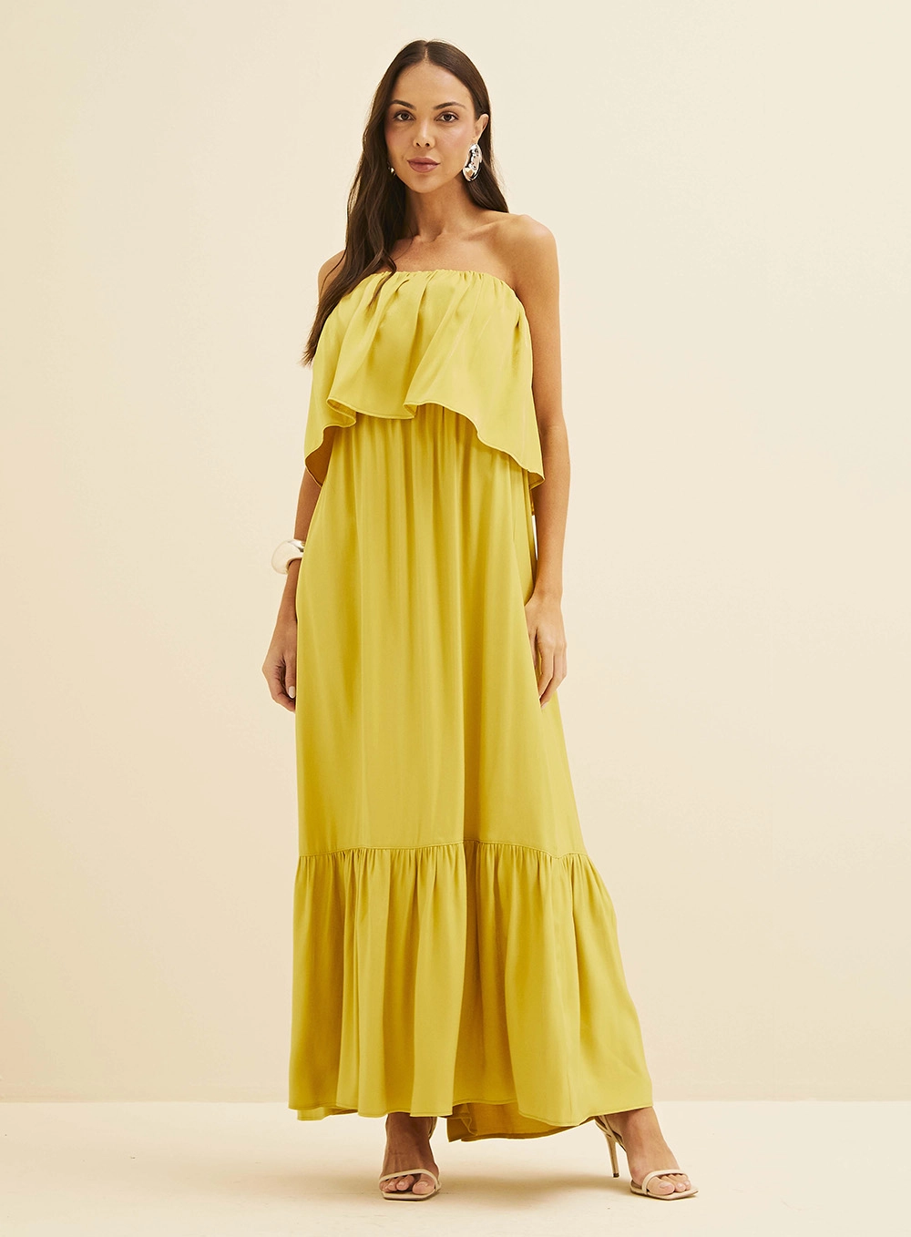 Vestido Longo Amplo Com Babados Amarelo 1