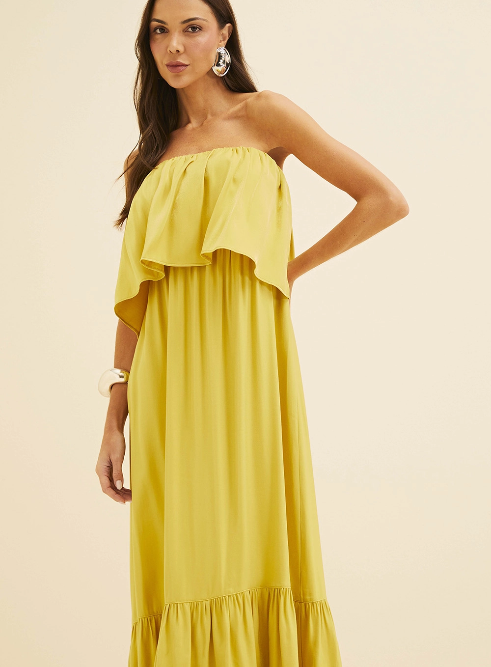 Vestido Longo Amplo Com Babados Amarelo 3