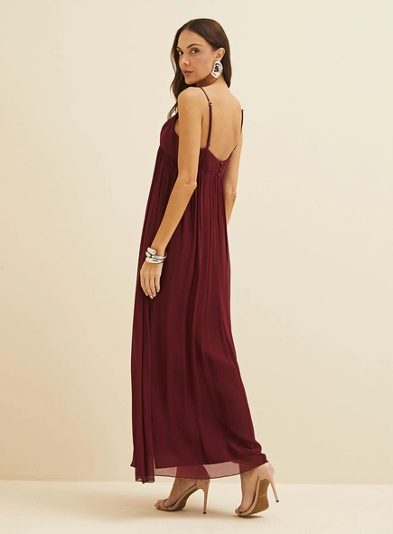 Vestido Longo Fluido Com Detalhe Em Couro