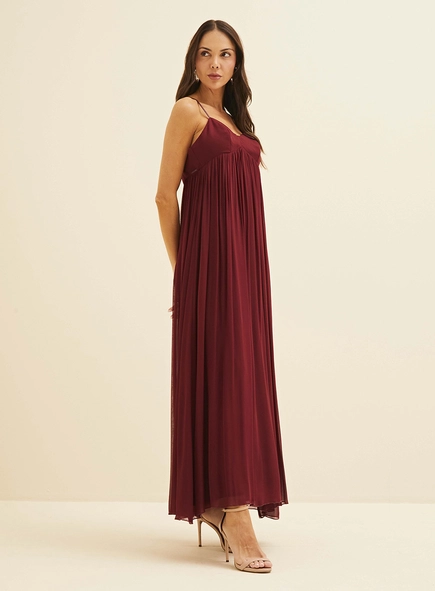 Vestido Longo Fluido Com Detalhe Em Couro