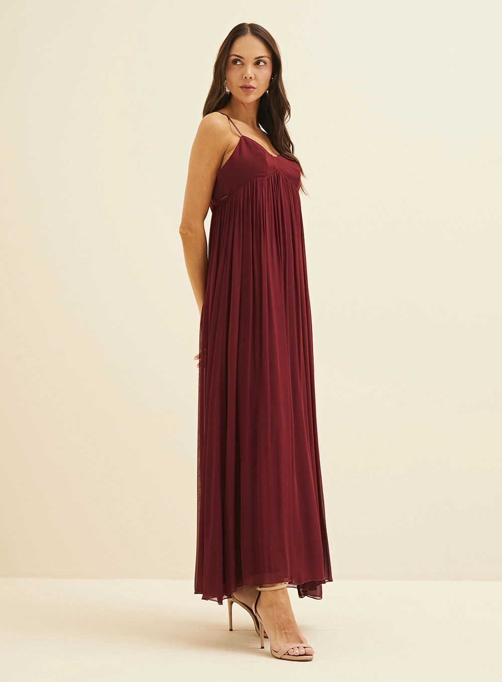 Vestido Longo Fluido Com Detalhe Em Couro Bordô 5