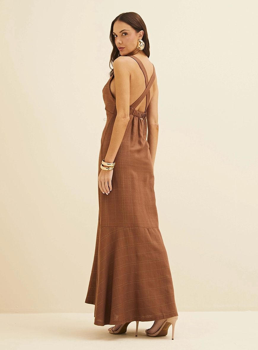 Vestido Linho Com Detalhe Metalizado Marrom 4