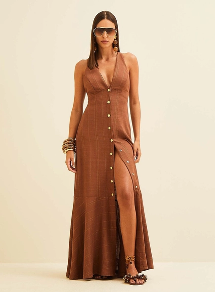 Vestido Linho Com Detalhe Metalizado