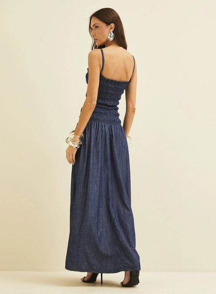 Vestido Longo Jeans Com Lastex