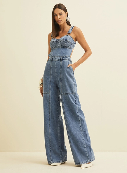 Macacão Jeans Feminino Com Abertura Costas