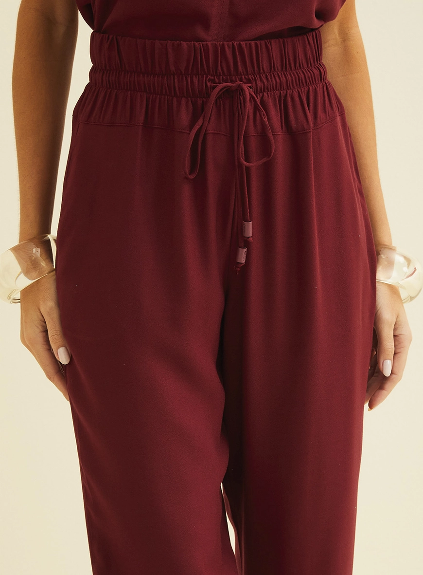 Calça Reta Cós Com Amarração Bordo 3