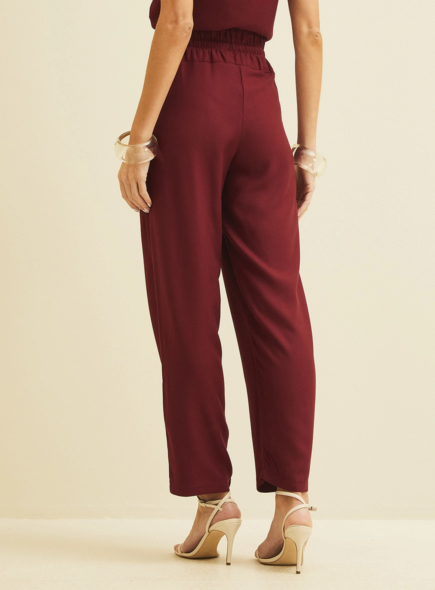 Calça Reta Cós Com Amarração Bordo 4