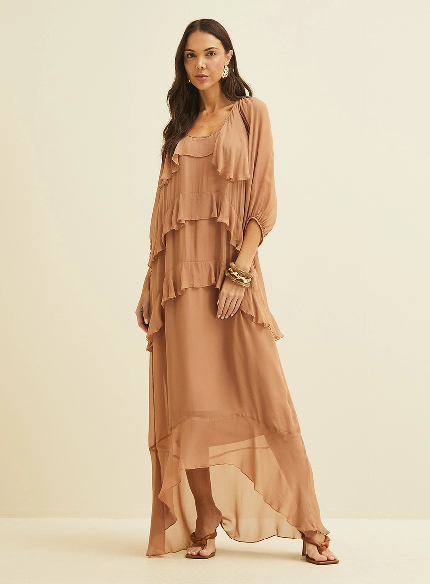 Vestido Amplo Em Camadas Marrom 5