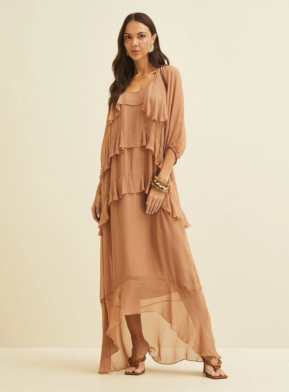 Vestido Amplo Em Camadas Marrom 5