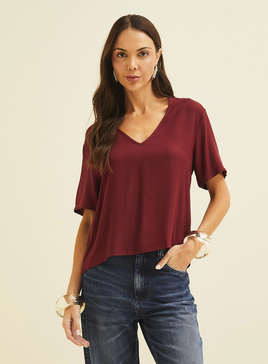 Camiseta Feminina Gola V Bordô 2
