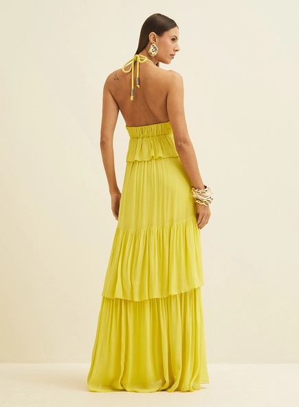 Vestido Longo Com Babados E Transparência